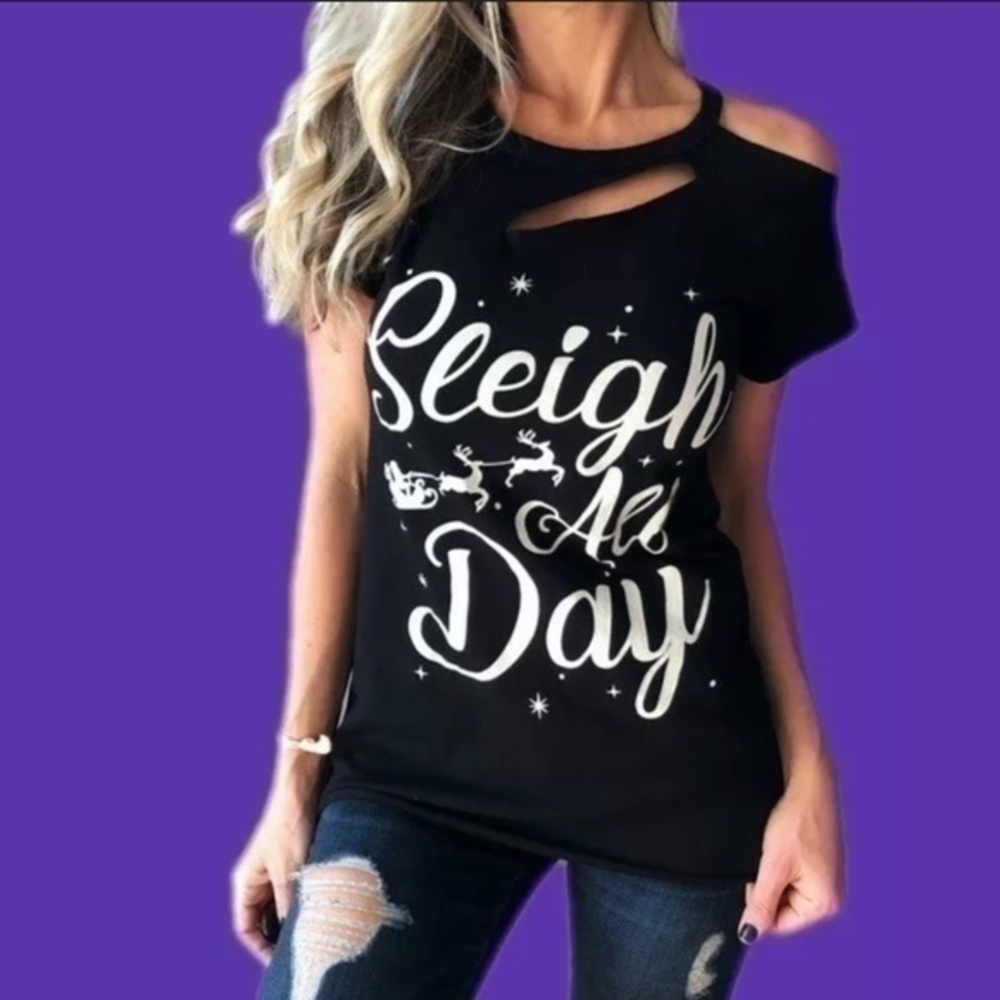 Women's Holiday Christmas Graphic Distressed Cold Shoulder Cutout Top Shirt Tee